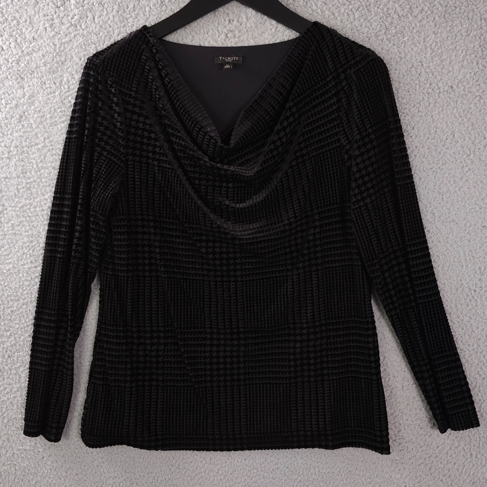 Talbots Shirt Womens MP Black Velvet Burnout Houndstooth Plaid Cowl Neck Top